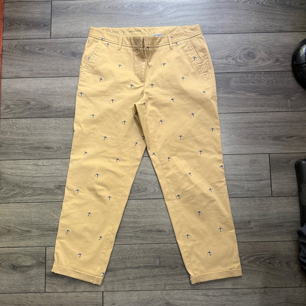 Talbots Relaxed Chino Tan Khaki Embroidered Bird Pants Womens‎ 10 Straight Leg